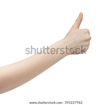 young woman right hand shows thumb up gesture, isolated on white