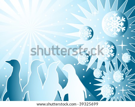 illustrated vector background with penguin silhouettes and snowflakes