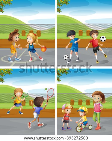 Children playing different sports in the park illustration
