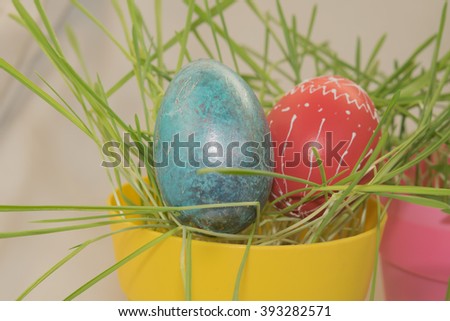 Easter, colored eggs, Easter seed in colorful pots