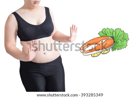 fat woman food avoid refuse fish meat illustration diet concept isolated on white