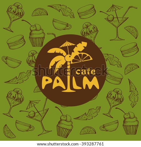 Palm. Vector logo, sign. Cafe, restaurant, club. Pattern.