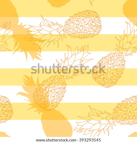 Vector pineapple seamless pattern on striped background, hand drawn ananas sketch. Summer juicy fruit