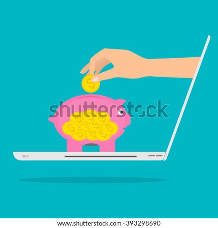Human hand from laptop putting putting gold money. Vector illustration flat design business online work and passive income.