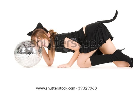 picture of girl in cat costume playing with disco ball
