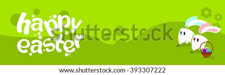 Cartoon Rabbits Couple Happy Easter Holiday Basket Look To Empty Copy Space Banner Vector Illustration