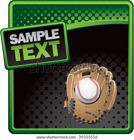 Baseball and glove on green and black halftone advertisement
