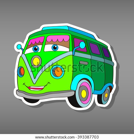 Cute sport car on the beach. Applique sticker. Funny hippie bus isolated on grey background. Vector illustration. Funny smile car in paper cut style. Comic character for textile 