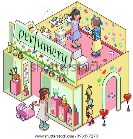 Perfumery with inside view on customer and shop assistant  while young mother with stroller looks at display windows (isometric view)