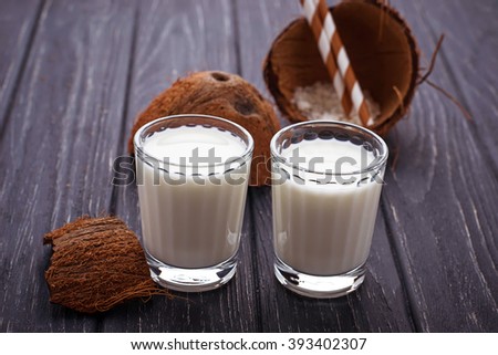 Glasses of coconut milk. Selective focus
