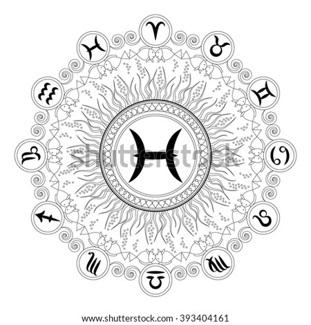 black and white round geometric mandala with zodiac symbol of pisces - adult coloring book page 
