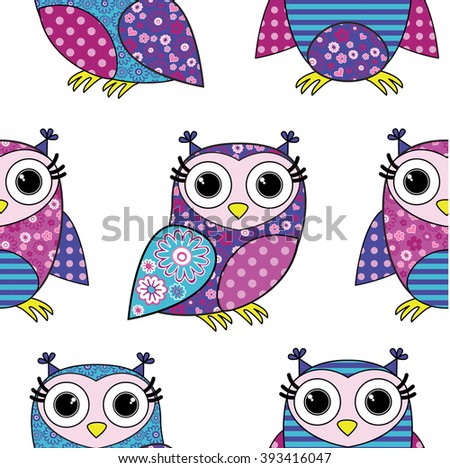 Vector seamless pattern with owls. Blue, pink, violet.