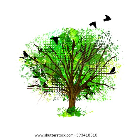 Abstract tree from paint spots with birds. Vector
