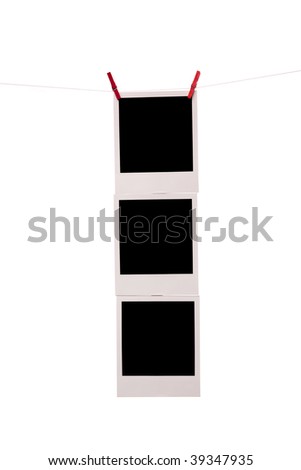 three clear photos fastened together pined with clothespin hanging on a cord isolated on white background