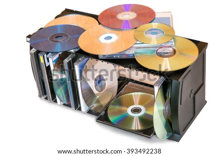 In a special container for storing compact disks are a variety of floppy disk . Presented on a white background.