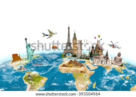 Famous monuments of the world grouped together on planet Earth on white backgound