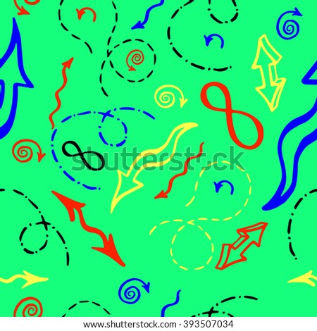 Hand drawn mathematical elements and quality. Vector seamless pattern. In yellow, red and blue on the green background.