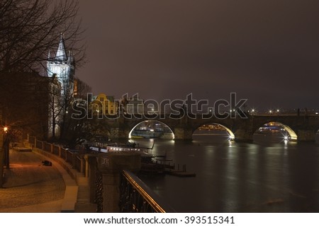 Night Picture of the Charles Bridge in Prague, One of most beautiful gothic buildings in Prague, capital of Czech Republic. Build by king Charles IV, king of Czech kingdom and roman emperator.