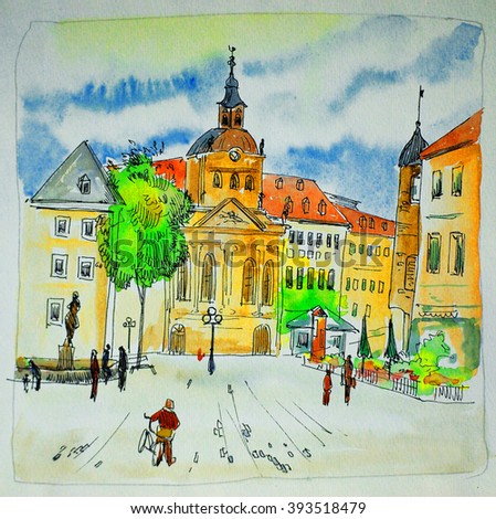 watercolor painting, sketch, illustration, Bavaria, Trier