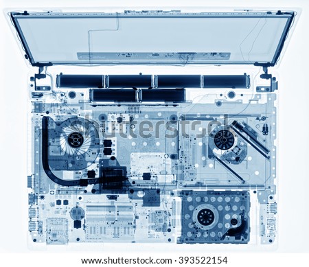 Open laptop x-ray image on white background