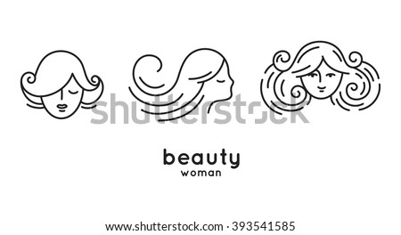 Set of woman faces and portraits in trendy linear style - beauty symbols for hair, spa salon or organic cosmetics. Thin line style Royalty-Free Stock Photo #393541585
