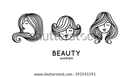 Set of woman faces and portraits in trendy linear style - beauty symbols for hair, spa salon or organic cosmetics. Thin line style Royalty-Free Stock Photo #393541591