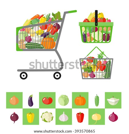 Set of shopping cart and shopping baskets with vegetables in flat style. Organic food. Natural food. Isolated objects. Vector illustration