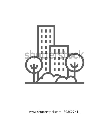 Residential building with trees line icon. Royalty-Free Stock Photo #393599611