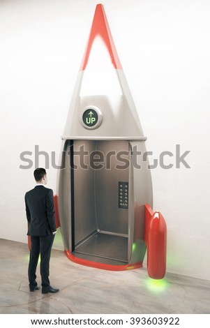 Success concept with thinking businessman in front of rocket elevator. Sideview, 3D Render