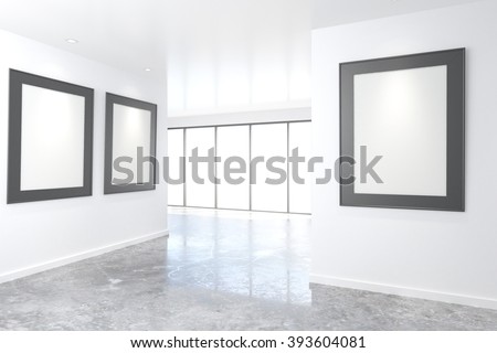 Empty bright art gallery with blank pictures on the walls, mock up, 3D Render