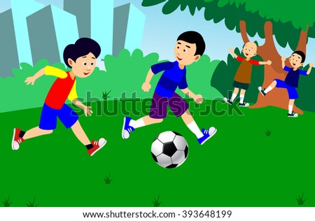 Boys playing football vector illustration.