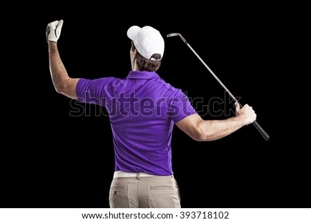 Golf Player in a purple shirt celebrating, on a Black Background.