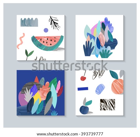Collection of creative posters with floral elements. Hand drawn textures. Paper cut leaves. Design for poster, card, invitation, placard, brochure, flyer. Vector. Isolated.