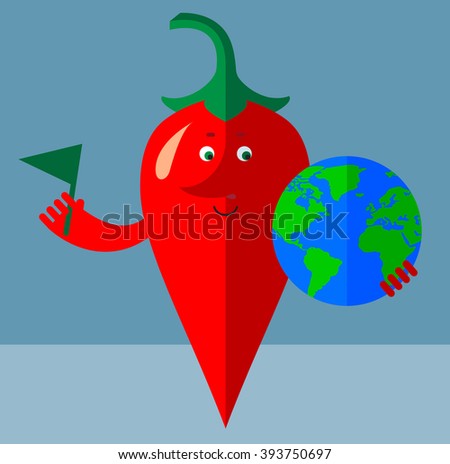 Cartoon chili pepper putting flag mark the globe. Flat style vector illustration . Funny cartoon character