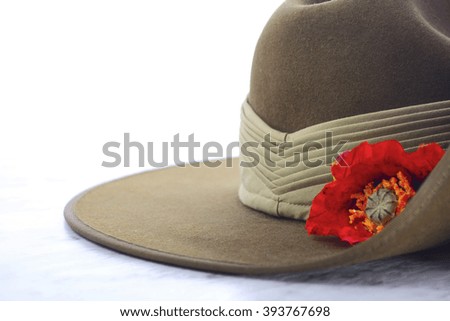 ANZAC Day, April 25, army slouch hat on white marble table with copy space.  Royalty-Free Stock Photo #393767698