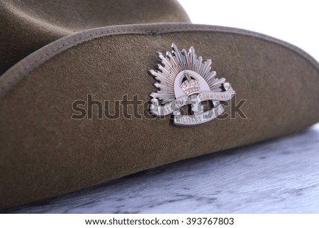 ANZAC Day, April 25, army slouch hat on white marble table, closeup.  Royalty-Free Stock Photo #393767803