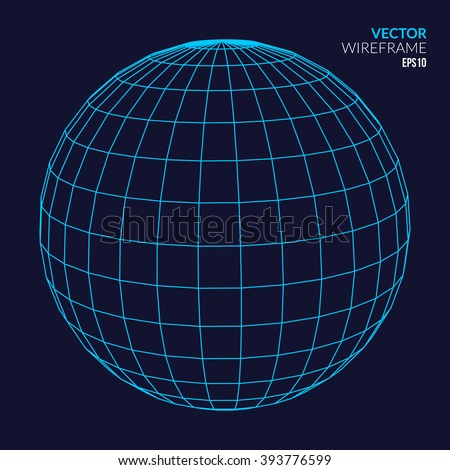 Abstract vector wireframe sphere glowing on dark background. Globe network concept. Sphere globe model