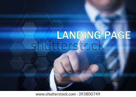 business, technology, internet and virtual reality concept - businessman pressing landing page button on virtual screens with hexagons and transparent honeycomb