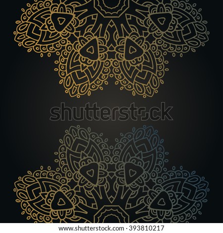 Hand drawn mandala placed at the upper and lower edge on black background. Round pattern in a gold and blue gradient.