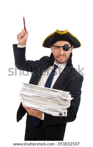 Pirate businessman holding papers isolated on white