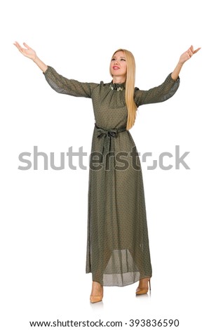 Blond hair woman in long green dress isolated on white