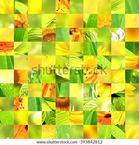 Seamless background with sunflower patterns of green, yellow, orange colors. Endless texture can be used for wallpaper, pattern fills, web page background, surface textures