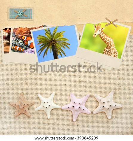Grunge background with old paper, travel photos and starfish