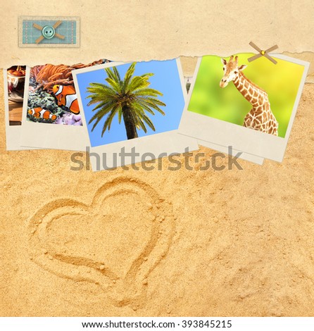 Grunge background with old paper, sand, travel photos and starfish