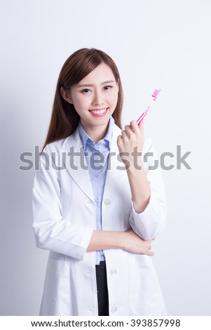 Smile woman dentist doctor teach you brush teeth. asian