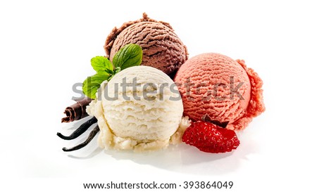 Three single scoops of strawberry vanilla and chocolate dessert decorated with cut fruit and mint leaves on a white background