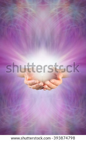 Receiving a Reiki Attunement - female cupped hands with burst of white energy above on a beautiful intricate feminine purple pink energy formation background with plenty of copy space Royalty-Free Stock Photo #393874798