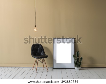 modern empty room black leather chair modern lamp and board with cactus abstract background
