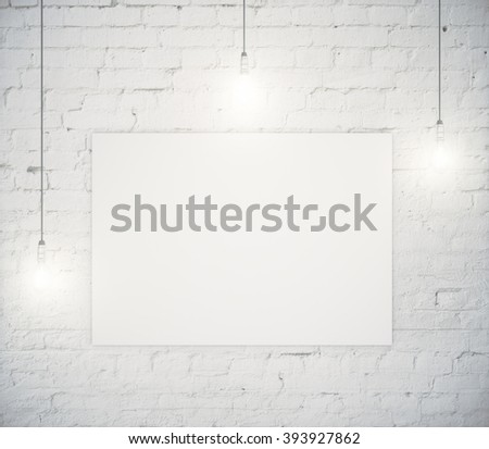Blank poster hanging on a white brick wall with three light bulbs. Mock up, 3D Render