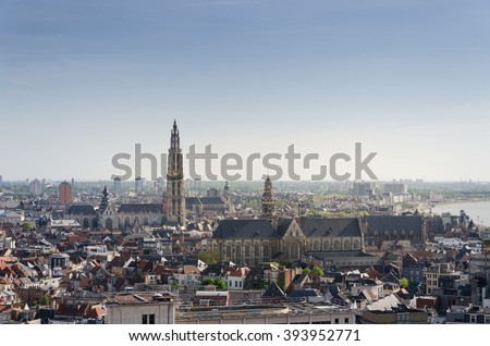 Aerial view on the Cathedral of Our Lady and the Church of Saint Paul in Antwerp, Belgium. viewed from Museum aan de Stroom Royalty-Free Stock Photo #393952771